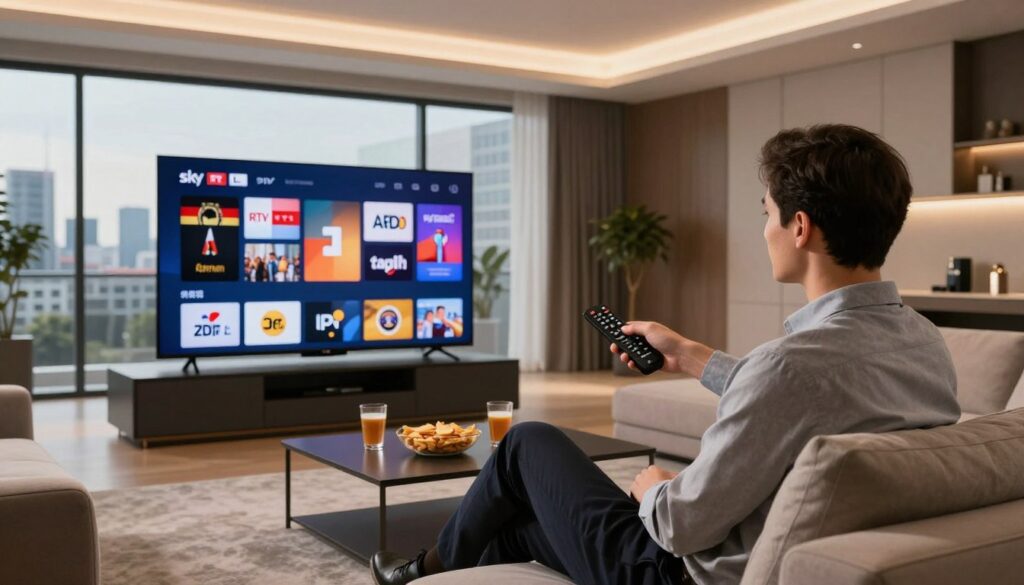 A modern living room setting with sleek, stylish furnishings, showcasing a high-definition television displaying a vibrant IPTV interface featuring logos of popular German channels like Sky, RTL, ARD, and ZDF. In the foreground, a professional-looking person in business attire sits comfortably on a sofa, casually browsing through the IPTV options on a remote control, exuding a sense of focus and satisfaction. The middle ground features a coffee table with snacks and drinks, creating a cozy viewing atmosphere. Soft, warm lighting from ceiling fixtures bathes the room, enhancing the inviting feel. In the background, a large window reveals a beautiful urban skyline, hinting at a contemporary German city. The overall mood is relaxed yet sophisticated, highlighting the enjoyment of choosing the right IPTV options for German channels.