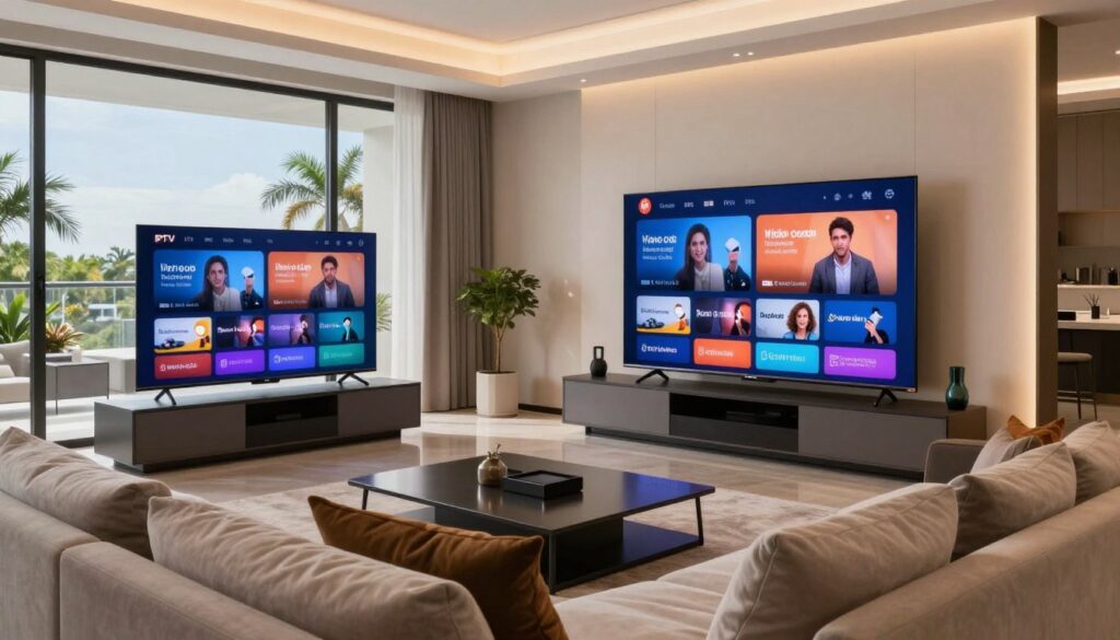 A modern living room setup featuring a large, sleek flat-screen TV displaying multiple vibrant live streaming channels. In the foreground, a comfortable sofa adorned with stylish cushions invites viewers to engage. Soft ambient lighting fills the room, creating a warm and inviting atmosphere. To the left, a sophisticated entertainment unit displays devices for Video on Demand and time-shifted viewing functionalities. In the background, large windows showcase a scenic Florida view, emphasizing the premium lifestyle associated with IPTV services. The overall mood is relaxed yet modern, perfect for illustrating the future of home entertainment in 2025.