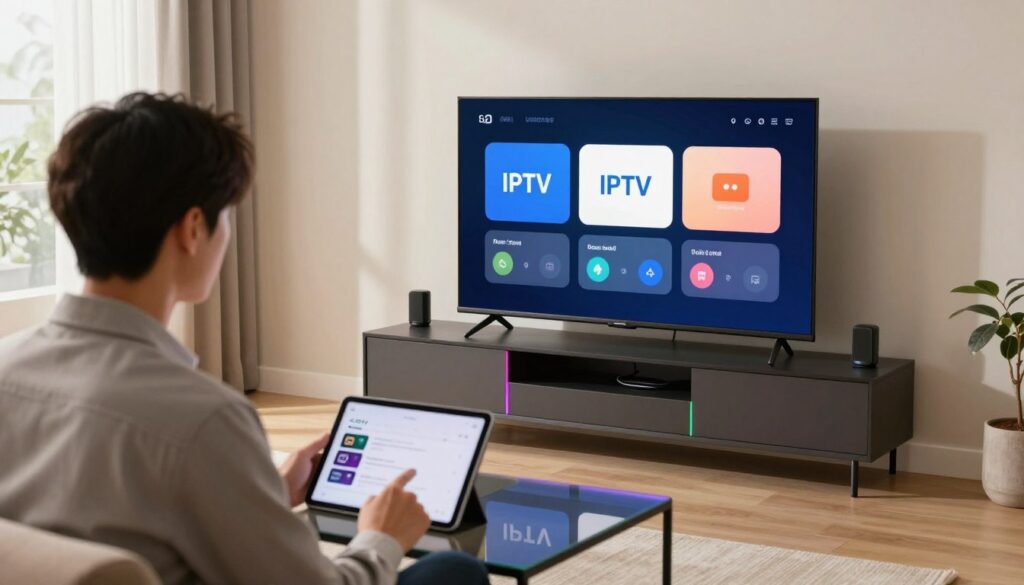A modern living room setup featuring a sleek TV stand, where a user is confidently installing IPTV software on a large smart TV. In the foreground, a focused individual in professional attire interacts with a tablet displaying an app setup screen. The middle area showcases a stylish entertainment center with colorful LED lights and organized cables, reflecting a contemporary aesthetic. A large window in the background allows soft, natural light to fill the room, creating a warm and inviting atmosphere. The scene conveys a sense of proficiency and ease, emphasizing a seamless and pleasant installation experience for IPTV. The mood is positive and approachable, ideal for illustrating an engaging setup process.