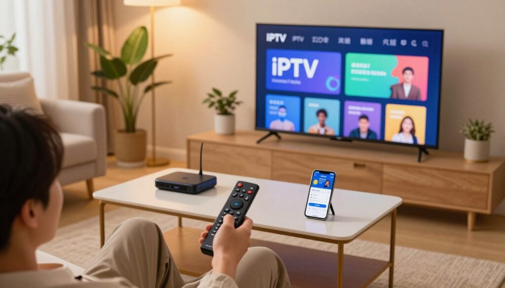 A modern living room setup featuring a sleek smart TV displaying the IPTV interface in vibrant colors. In the foreground, a relaxed individual in smart casual attire is holding a remote control, ready to start the IPTV free trial. The middle layer captures a tidy coffee table with modern gadgets like a streaming device and a smartphone showcasing the trial setup. In the background, warm ambient lighting illuminates the room, creating a cozy atmosphere with soft cushions and decorative plants. The scene conveys a sense of ease and excitement about trying out a new service, with a focus on technology and comfort. The perspective is slightly angled from above, emphasizing the engaging and inviting nature of the space.