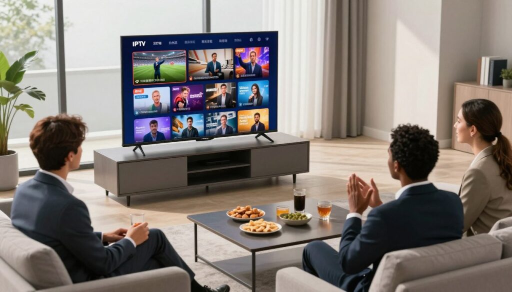A modern living room setup featuring a sleek smart TV displaying vibrant live channels of various genres, including sports, news, and entertainment. In the foreground, a diverse group of 3 to 4 individuals, dressed in professional business attire, is engaged in a conversation while enjoying the content on the TV. The middle layer showcases a stylish coffee table with snacks and drinks, enhancing the relaxed yet productive atmosphere. The background reveals large windows letting in soft, natural light, casting gentle shadows. The scene is captured from a slightly elevated angle, emphasizing the lively interaction and cozy environment, creating an inviting mood perfect for discussions around IPTV subscriptions and free trials.