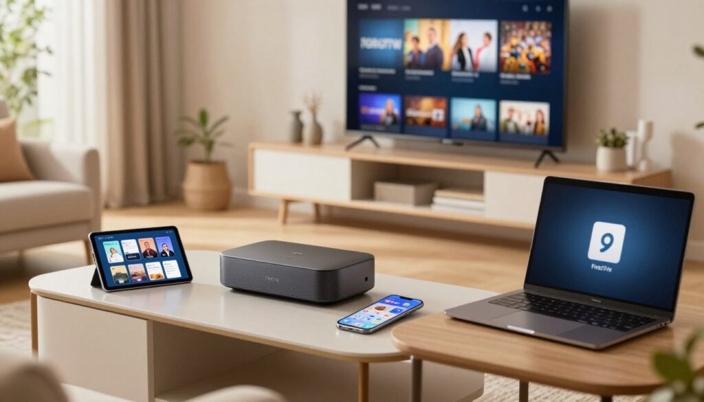 A modern living room setup featuring various devices prominently displayed: a sleek Fire TV device on a stylish TV stand, a flat-screen smart TV on the wall streaming IPTV content, a tablet and smartphone on a coffee table showing mobile apps, and a laptop open on a nearby desk. In the foreground, focus on the devices with a soft bokeh effect to emphasize their details. The middle ground includes cozy furniture and decorative elements, while the background shows a well-lit room with warm, inviting colors. Soft, natural light filters through a window, creating a relaxed atmosphere. Capture this scene from a slightly elevated angle to provide a comprehensive view of the tech-savvy environment, conveying a seamless app experience across multiple platforms.