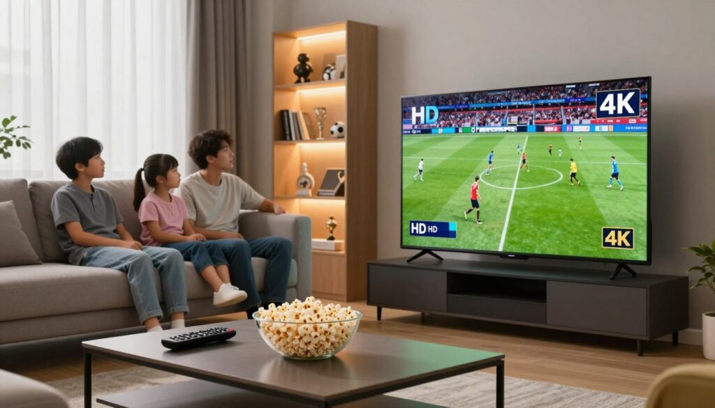 A modern living room setup showcasing a large flat-screen television streaming a vibrant Serie A match in both HD and 4K quality. In the foreground, a sleek coffee table holds two remote controls and a bowl of popcorn. The middle ground features a comfortable sofa with a family of three, dressed in casual but tidy clothing, eagerly watching the game. The background is softly lit with warm ambient lighting, highlighting a stylish bookshelf filled with sports memorabilia. Natural light filters through sheer curtains, creating an inviting atmosphere. The focus is on the clarity of the screen, illustrating the distinct differences between HD and 4K streaming, while maintaining a cozy, engaging mood that emphasizes the enjoyment of watching sports at home.