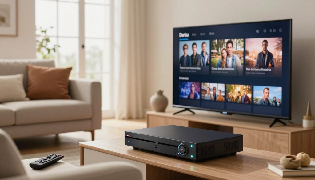 A modern living room setup showcasing an IPTV recording system in action. In the foreground, a sleek, flat-screen TV displays a menu interface for selecting recorded shows. To the side, a compact DVR unit with blinking indicator lights is positioned on a stylish media console. In the middle ground, a cozy couch adorned with cushions invites viewers to relax, with a remote control casually placed on the seat. The background features a bright window allowing natural light to flood the room, illuminating the earthy tones of the décor. The atmosphere feels contemporary and inviting, perfect for a family viewing. Capture the scene with a warm, soft focus lens, emphasizing the technology while maintaining a welcoming ambiance. No people are present in the image, ensuring a clean focus on the setup.