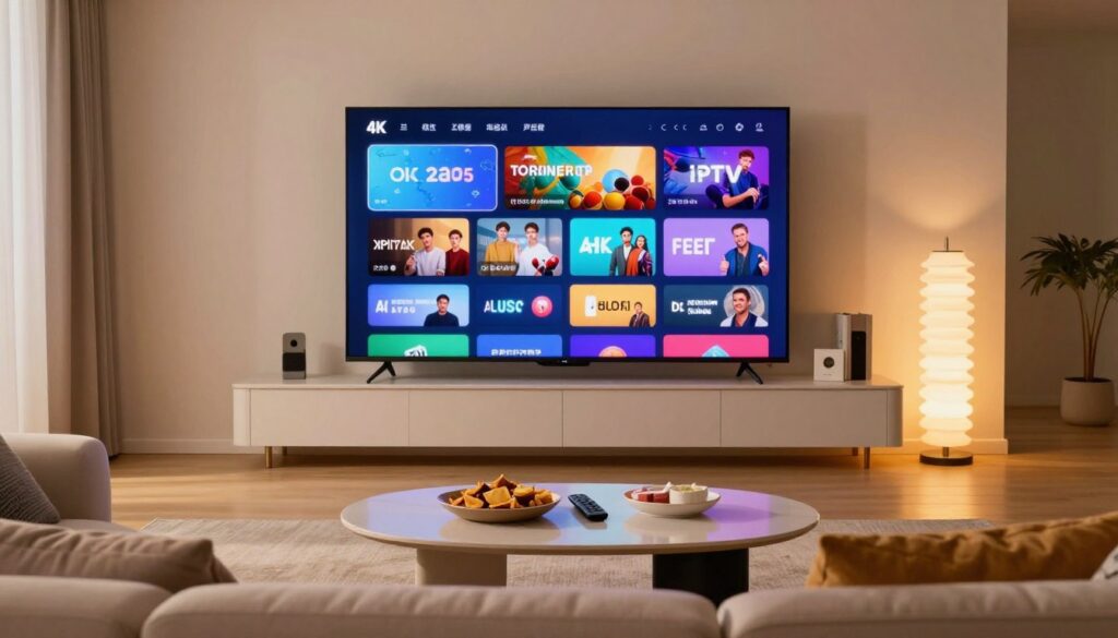 A modern living room showcasing a sleek 4K television displaying vibrant streaming content, symbolizing high-quality IPTV channels for 2025. In the foreground, a cozy sofa with plush cushions, and a stylish coffee table holding a remote control and snacks, inviting viewers to relax and enjoy. In the middle, the television screen features a dynamic montage of colorful global channels, hinting at diverse programming options. The background is softly lit with warm, ambient lighting, creating a welcoming atmosphere. Use a wide-angle lens perspective to emphasize the spaciousness of the room, capturing the essence of a premium viewing experience. The overall mood should be vibrant yet cozy, conveying excitement about the future of streaming quality.