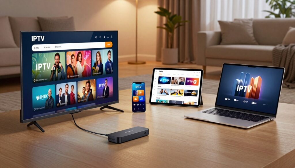 A modern living room showcasing various devices that represent device compatibility for IPTV services. In the foreground, a sleek Smart TV displays vibrant 4K content, while beside it, a stylish Firestick is connected and ready for use. In the middle ground, a smartphone and tablet are shown displaying the IPTV app interfaces, with an elegant laptop open next to them. The background features a cozy home environment with soft, warm lighting, creating a welcoming atmosphere. The scene is captured at a slightly elevated angle, emphasizing the array of devices. The mood is modern and tech-savvy, highlighting the ease of access to premium ultra HD streaming across devices.