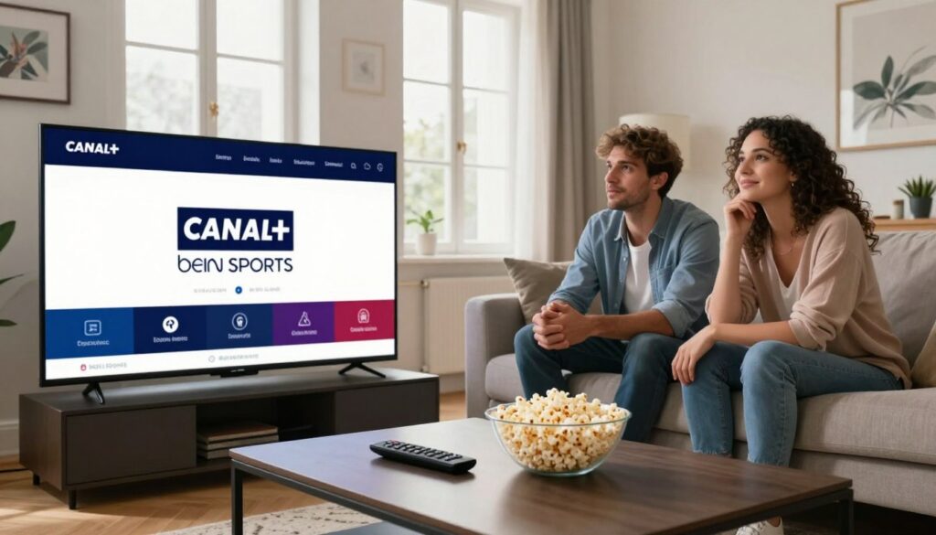 A modern living room with a large flat-screen TV displaying popular French IPTV service logos like Canal+ and beIN Sports. In the foreground, a stylish coffee table holds a remote control and a bowl of popcorn. The middle ground features a comfortable sofa with two people—one male and one female—dressed in smart casual attire, watching intently. They both sport expressions of concentration and enjoyment. The background consists of bright, airy windows that let in natural light, creating a welcoming atmosphere. The room is decorated with subtle French-themed artwork, enhancing the cultural context. Soft lighting emphasizes the cozy mood, while the camera angle captures both the TV screen and the engaged viewers, highlighting the legal and licensed aspect of IPTV in France.