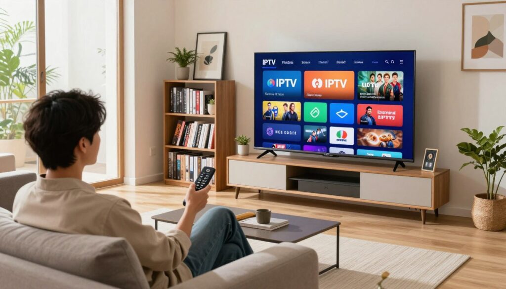 A modern living room with a sleek entertainment setup featuring a large flat-screen TV displaying vibrant legal streaming logos. In the foreground, a person wearing smart casual attire sits comfortably on a stylish couch, holding a remote control and looking engaged. The room is well-lit with natural light filtering through large windows, creating a warm and inviting atmosphere. In the middle, shelves with neatly arranged movies and series on display emphasize organized viewing options. The background includes plants and decorative art that enhance the cozy feel. The image conveys a sense of responsible streaming and enjoyment, highlighting the importance of choosing legal IPTV services in a visually appealing way.