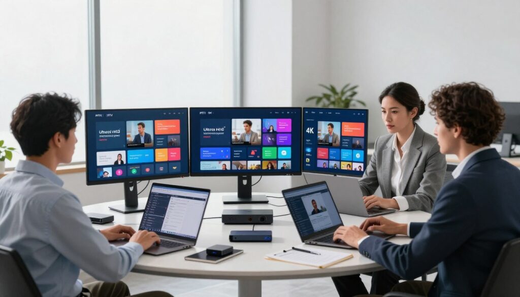 A modern office environment featuring a sleek, high-tech workspace. In the foreground, a diverse group of three professionals—two men and one woman—are deeply focused on testing various 4K IPTV streaming services on large monitors. They are dressed in professional business attire. The monitors display vivid images of streaming apps showcasing ultra HD content, with colorful, sharp graphics. The middle ground features a round table cluttered with laptops, notebooks, and 4K streaming device prototypes. In the background, large windows let in soft natural light, creating a productive yet relaxed ambiance. The atmosphere is focused and analytical, emphasizing a rigorous evaluation process for IPTV services. The image conveys trust and expertise in technology testing, accentuated by a clean, minimalist aesthetic.