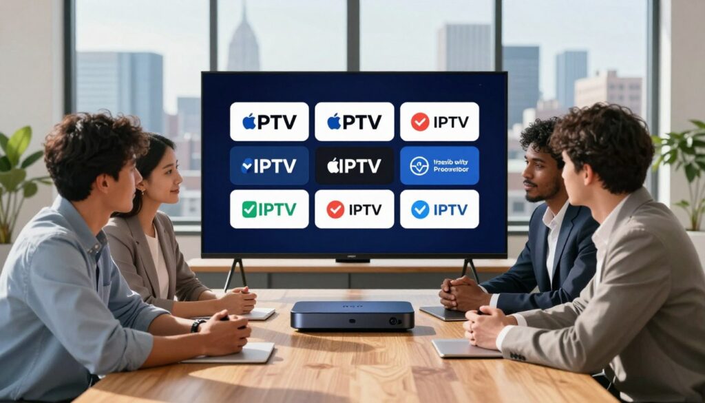 A modern office environment, foreground featuring a diverse group of three professionals dressed in smart casual attire, engaged in a collaborative discussion over an Apple TV streaming device on a sleek wooden table. In the middle ground, a large screen displays various IPTV provider logos, intermingled with checkmarks and status icons illustrating reliability and support features. The background shows large windows with a New York city skyline, emphasizing a bright, optimistic atmosphere with natural lighting streaming in. Soft shadows fall on the table, adding depth to the scene. The mood is focused and constructive, conveying a sense of trust and professionalism in choosing an IPTV provider. The composition is balanced, with a slight overhead angle providing a comprehensive view of the discussion.