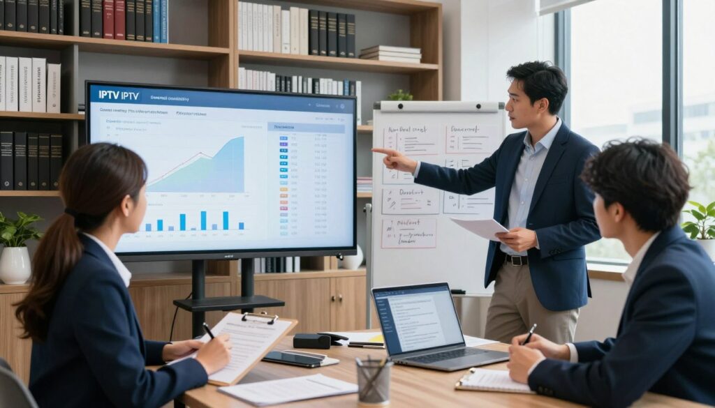 A modern office setting depicting a team of diverse professionals analyzing IPTV provider data on a large screen. In the foreground, a focused woman in smart business attire takes notes on a clipboard, while a man in a suit gestures towards the screen displaying graphs and charts showing channel reliability and values. In the middle, a whiteboard filled with organized notes and ratings, alongside a laptop with IPTV provider reviews open. The background showcases bookshelves filled with technology and media resources, bathed in natural light from large windows, creating a vibrant yet serious atmosphere. The image captures the essence of a detailed analysis process, emphasizing professionalism and collaboration in evaluating IPTV services.