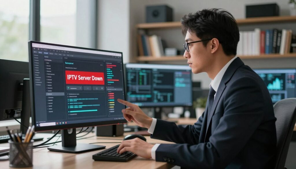 A modern office setting featuring a sleek, high-tech workstation. In the foreground, a computer monitor displays a dashboard with various status indicators, focusing on a prominent "IPTV Server Down" alert highlighted in red. The middle ground shows a professional, well-dressed IT technician, intently examining the screen, wearing a business suit and glasses, symbolizing expertise and reliability. The background includes shelves filled with tech books and devices, emphasizing a high-tech atmosphere. Soft, natural lighting filters through large windows, casting a warm glow, creating a calm but urgent mood. The overall composition conveys a sense of professionalism and focus on troubleshooting IPTV issues, while showcasing the importance of reliable status checks.