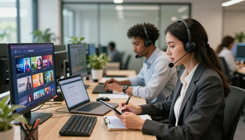 A modern office space featuring a diverse team of two professionals engaging in a customer support interaction. In the foreground, a focused woman in professional business attire is speaking on a headset, taking notes on a tablet. The middle ground includes a large desk cluttered with IPTV subscription materials and an open laptop displaying customer service software. The background reveals a bright, welcoming office environment with glass walls, soft natural light filtering through, and plants adding a touch of warmth. The mood is collaborative and attentive, embodying a sense of professionalism and support, captured with a slight depth of field, enhancing the subjects and their interaction while softly blurring the background.
