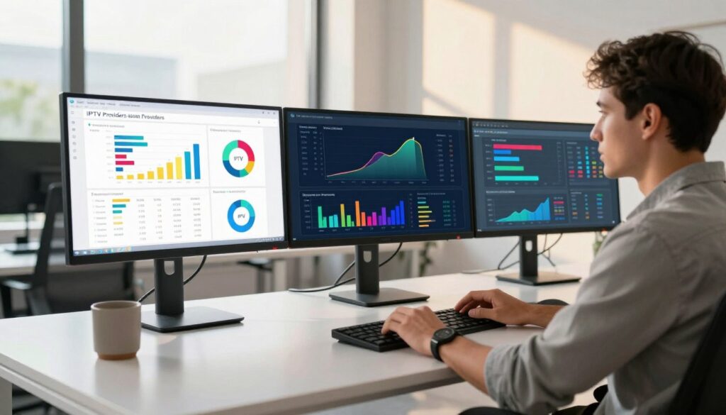 A modern office workspace featuring a sleek desk with multiple monitors displaying vibrant graphs and metrics related to IPTV providers' testing results. In the foreground, a focused professional in smart casual clothing is analyzing the data, with a look of concentration and interest. The middle layer includes charts and statistics about IPTV performance, such as buffering rates, channel variety, and user satisfaction, rendered in clear, colorful visuals. In the background, a large window lets in warm, natural light, casting soft shadows and creating a bright, inviting atmosphere. The scene exudes a mood of thoroughness and professionalism, emphasizing the importance of evaluation in IPTV services.