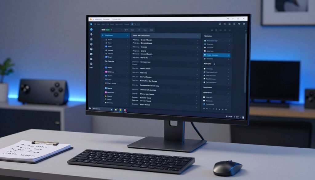 A modern, sleek digital workspace featuring a large monitor displaying an M3U playlist configuration interface on the screen. In the foreground, there is a stylish desk with a high-end keyboard and mouse, as well as a notepad with technical notes about IPTV. The middle ground consists of the monitor in focus, illuminated by a soft blue light, showcasing a clean and organized layout of channels, URLs, and settings. In the background, a subtle glimpse of an Nvidia Shield Pro device rests on a shelf, surrounded by ambient lighting that gives a tech-savvy atmosphere. The room is spacious and well-organized, with a contemporary design, evoking a professional and innovative mood ideal for digital content creation.
