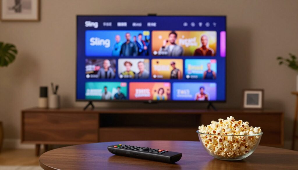 A modern, sleek home entertainment setup displaying various Sling channels on a large flat-screen TV. In the foreground, a stylish remote control rests on a coffee table next to a bowl of popcorn, invoking a cozy movie night vibe. The middle area features the TV screen showing a vibrant, colorful interface of popular channels available through the Sling service, highlighting shows and sports events. The background includes a comfortable living room setting, with soft ambient lighting that creates a warm atmosphere. The scene captures a sense of relaxation and enjoyment, perfect for family viewing, with subtle shadows enhancing depth and perspective. The overall mood is inviting and contemporary, emphasizing the ease and accessibility of streaming services on Firestick.