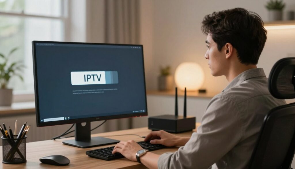 A modern, sleek home office setup featuring a large computer monitor displaying a buffering icon indicative of an IPTV service test. In the foreground, a professional individual dressed in smart casual attire, looking analytically at the screen, seated in an ergonomic chair. The middle ground includes blurred details of high-tech equipment, such as a router and streaming devices, hinting at premium IPTV technology. The background shows a well-lit room with modern decor, emphasizing a cozy yet professional atmosphere. The lighting is soft and warm, creating an inviting feel while focused on the monitor. The angle captures the subject's profile, showcasing their engagement with the digital content.