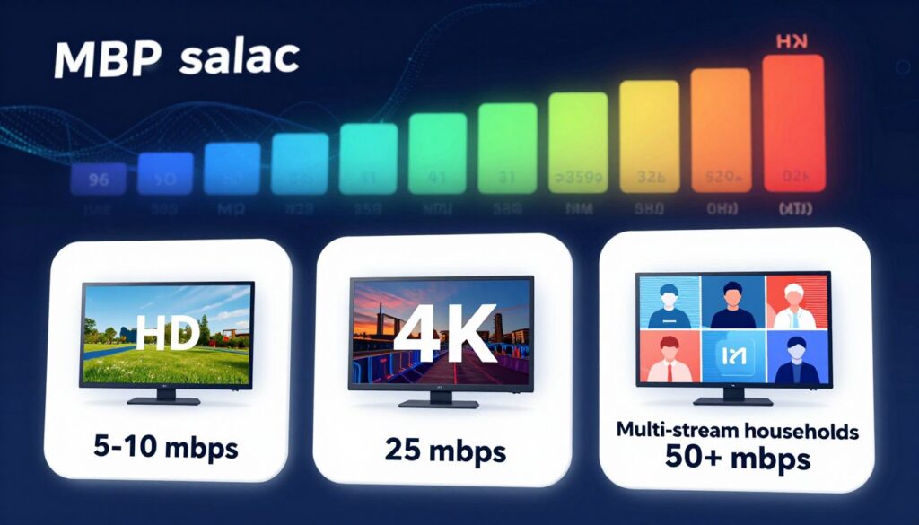 A modern, sleek infographic displaying Mbps targets for streaming quality. In the foreground, prominently feature three distinct sections labeled for HD (5-10 Mbps), 4K (25 Mbps), and multi-stream households (50+ Mbps), each represented with vibrant icons—television screens showing HD and 4K content, and multiple screens for multi-stream setups. In the middle background, use a subtle gradient representing varying internet speeds, blending from slower speeds to faster ones. The background should include abstract tech-themed elements, hinting at internet connectivity, like digital waves or circuit patterns. Use bright, engaging lighting to create a tech-savvy and informative atmosphere, emphasizing clarity and professionalism. The perspective should be a slightly elevated angle to draw attention to the Mbps targets clearly.