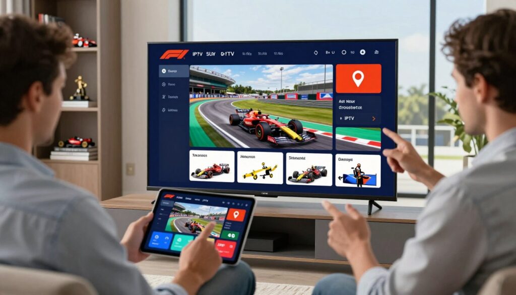 A modern, sleek living room setting with a large flat-screen TV displaying a vibrant Formula 1 race streaming interface. In the foreground, a professional in business casual attire is enthusiastically navigating an IPTV service on a tablet, highlighting the ease of access to F1 content. The middle-layer showcases the details of the IPTV interface, including race stats and driver information, designed with bold colors and user-friendly icons. The background features a stylish bookshelf with F1 memorabilia, and a window revealing a sunny day, creating an inviting atmosphere. The lighting is bright and natural, emphasizing the excitement of watching a live race. The image captures the thrill of F1 streaming through an IPTV service, making it appealing and informative for potential users.