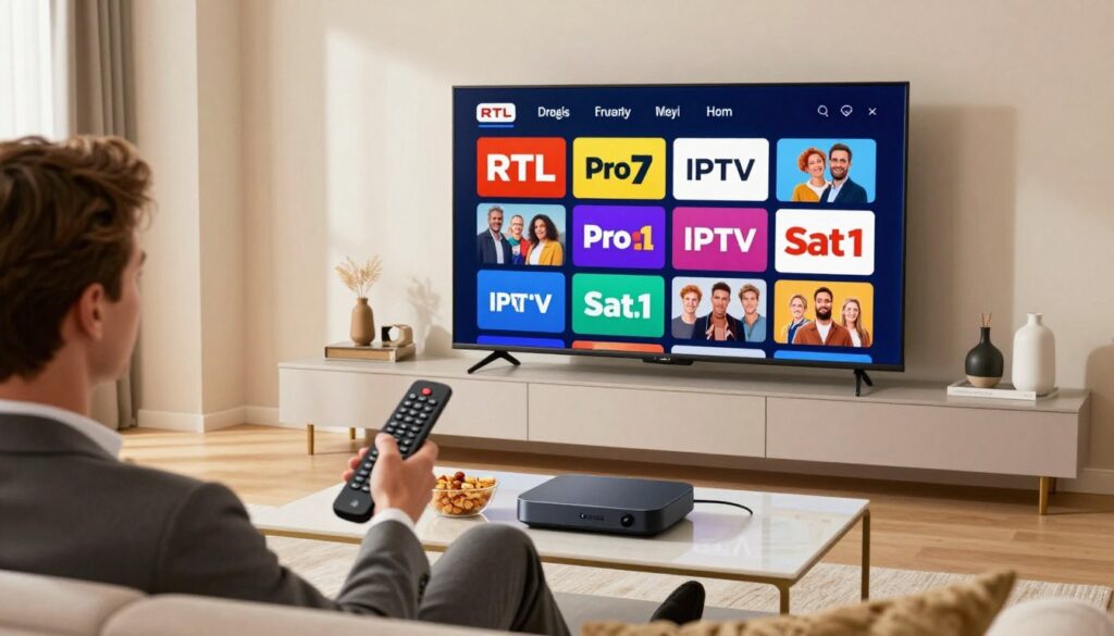 A modern, sleek living room setting with a large flat-screen TV displaying colorful logos of IPTV channels like RTL, Pro7, and Sat.1. In the foreground, a person in professional business attire is sitting comfortably on a stylish couch, holding a remote control and looking engaged with the content. The middle ground includes a coffee table with snacks and a streaming device prominently placed. The background showcases a bright, inviting atmosphere with warm lighting, soft shadows, and contemporary decor. The overall mood conveys excitement and curiosity about the diverse streaming options available, with a focus on high-quality, family-friendly entertainment. The image should be well-lit, emphasizing vibrant colors and a welcoming environment.
