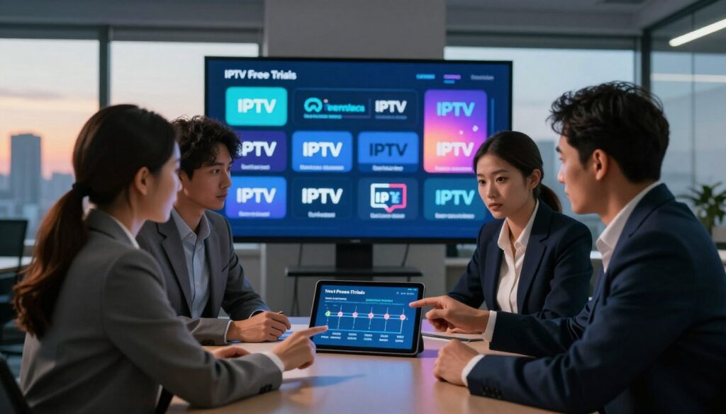 A modern, sleek office environment illustrating a digital strategy session on IPTV free trials. In the foreground, a diverse group of three professionals in business attire (two women and one man) are engaged in discussion, pointing at a tablet displaying a dynamic timeline of trial offerings. The middle background features a large digital screen with vibrant graphics representing various IPTV services and their trial durations. Soft, focused lighting highlights the team, casting gentle shadows. Through a glass window in the background, a city skyline shows a sunset, adding warmth to the mood of innovation and collaboration. Capture an atmosphere of professionalism, engagement, and insight into the importance of trial timing strategies.