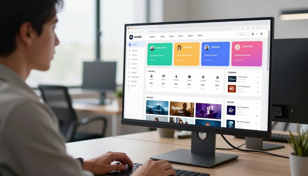 A modern, sleek reseller panel interface displayed on a high-resolution monitor in a well-lit office environment. In the foreground, the monitor showcases various colorful dashboard widgets, including user statistics, subscription plans, and IPTV channel lists, all organized neatly. A focused professional in modest business attire sits to the left of the screen, analyzing the data with a thoughtful expression. Soft, natural light filters through large windows in the background, illuminating a contemporary workspace with minimalist furniture. The overall atmosphere is one of productivity and technological sophistication, evoking an efficient and reliable tool that every IPTV reseller would use daily.