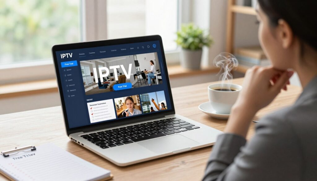 A modern, sleek workspace showcasing a laptop displaying an IPTV interface, prominently featuring a 'Free Trial' button. In the foreground, a professional woman in business attire is thoughtfully analyzing the screen, showcasing a sense of contemplation. The middle section includes a notepad with a checklist, highlighting key features of IPTV providers with checkmarks, alongside a steaming cup of coffee. The background shows a window with natural light pouring in, illuminating the scene and creating a vibrant atmosphere. Soft-focus elements like a potted plant and stylish decor add warmth, symbolizing the comfort of testing products before commitment. The overall mood is professional yet inviting, emphasizing reliability and informed decision-making.