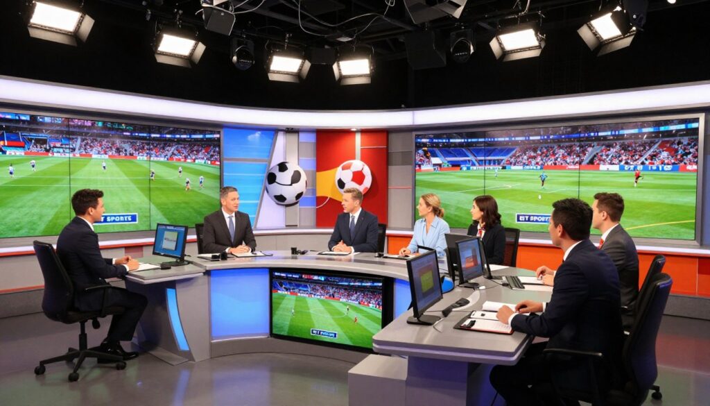 A modern sports broadcasting hub, showcasing a sleek and high-tech interior space designed for BT Sports. In the foreground, a stylishly furnished studio with multiple screens displaying vibrant sports graphics. Professional broadcasters are strategically positioned at ergonomic desks, dressed in smart business attire, engaging in lively discussions. In the middle ground, a dynamic set with large LED panels showcasing live sports highlights, supported by sophisticated lighting that creates an energetic atmosphere. The background features artistic decorations representing various sports, such as football, rugby, and tennis. The overall mood is vibrant and engaging, with warm lighting enhancing the action-oriented and competitive spirit of sports broadcasting. The camera angle is slightly angled to capture the depth of the studio, emphasizing its modern design and technological flair.