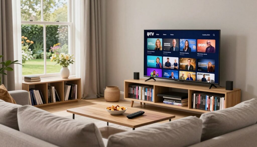 A modern, stylish living room setup showcasing a large flat-screen TV displaying various popular English IPTV channels. In the foreground, a comfortable sofa with plush cushions invites viewers to relax and enjoy. The coffee table in front holds a remote control and snacks, creating a cozy atmosphere. In the middle, a beautifully arranged bookshelf filled with DVDs and books about UK culture and television history adds warmth and character. The background features a large window with soft natural light filtering in, highlighting a view of a tranquil garden. The scene conveys a welcoming and engaging vibe, ideal for enjoying UK content. The lighting is bright but soft, emphasizing comfort and leisure. The image is intended to evoke a sense of relaxation and enjoyment of English TV channels at home.