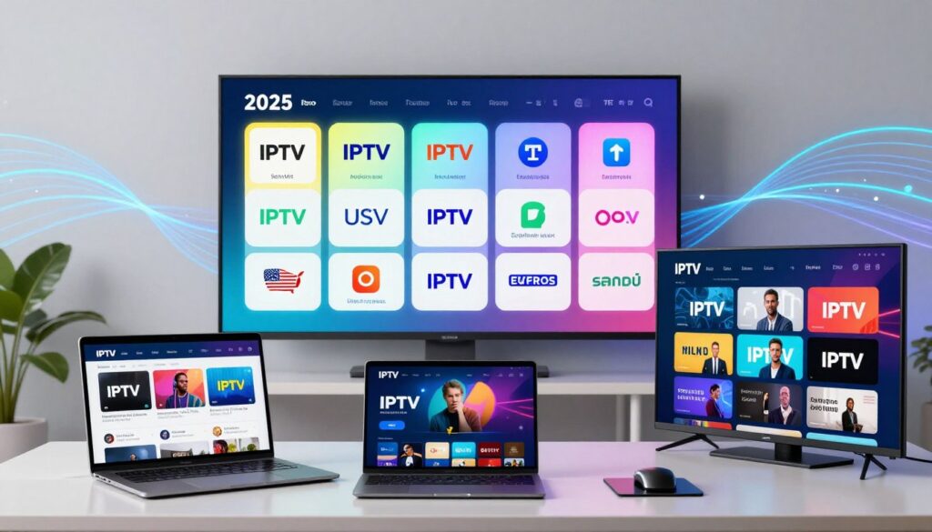 A modern, visually appealing digital workspace featuring various IPTV service providers in the USA represented as sleek, colorful logos and icons. In the foreground, a well-organized desk with a laptop displaying IPTV user interfaces, alongside a smart TV showcasing vibrant streaming options. The middle ground features a large wall screen displaying a comparison chart of top IPTV services for 2025, designed with bright colors and clear visuals. The background includes abstract visual elements like waves of data and streaming signals, symbolizing technology and connectivity. The lighting is bright and professional, enhancing the clarity of the details, while the overall atmosphere conveys innovation and accessibility in entertainment services. No text or logos are featured in the image.
