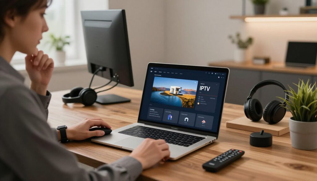 A modern workspace featuring a MacBook on a sleek wooden desk, displaying an IPTV setup interface on the screen. In the foreground, a person with professional business attire is focused on the laptop, with a thoughtful expression, using a wireless mouse. The middle ground incorporates a neatly arranged collection of digital accessories, such as a high-definition monitor, headphones, and a remote control. In the background, soft ambient lighting highlights a contemporary room with minimalistic decor and a plant, creating a cozy yet professional atmosphere. The scene conveys a sense of preparation and anticipation for the IPTV installation process, with a warm color palette emphasizing a productive mood.