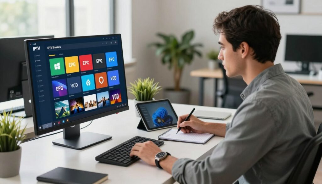 A modern workspace showcasing the IPTV Smarters application on a sleek Windows PC. The foreground features a well-organized desk with a high-resolution monitor displaying the IPTV Smarters interface, featuring vibrant icons for EPG and VOD categories. In the middle, a professional individual, dressed in smart casual attire, is intently focused on the screen, taking notes on a tablet beside the keyboard. The background reveals a stylish office environment with soft, natural lighting streaming through a window, highlighting the modern decor and potted plants. The atmosphere conveys a sense of productivity and innovation, appealing to tech-savvy users seeking the best IPTV solutions for their Windows PCs. The scene is captured from a slightly elevated angle, emphasizing the setup and user interaction with the software.