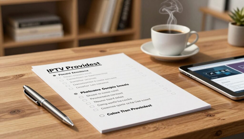 A neatly organized channels checklist laid out on a stylish wooden desk. The checklist features clear, bullet-pointed items for evaluating IPTV providers, each item distinct and visually separated. In the foreground, a sleek, metallic pen is resting next to a tablet displaying a digital interface. In the middle, a subtle cup of steaming coffee emits a gentle aroma, hinting at a productive brainstorming session. Behind the checklist, softly blurred shelves filled with informative books about technology and media create an intellectual atmosphere. The lighting is warm and inviting, with soft golden tones casting gentle shadows. The composition suggests focus and diligence, embodying the mood of careful decision-making. No text or branding is visible, ensuring a clean, professional appearance.
