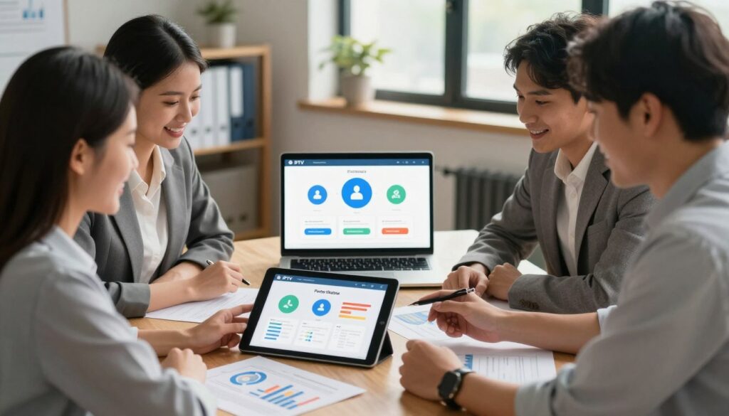A professional and engaging scene showcasing pricing and customer support for IPTV services. In the foreground, a diverse group of three business professionals, a man and two women, collaboratively discussing pricing structures, surrounded by charts and graphs on a tablet. They are dressed in smart casual attire, with a friendly demeanor. In the middle ground, an open laptop displaying a user-friendly customer support interface, with visually appealing icons representing assistance and communication options. The background features an organized office environment with a window letting in warm, natural light, casting soft shadows. The overall atmosphere conveys trust, professionalism, and teamwork, inviting viewers to feel confident in the IPTV provider's offerings.