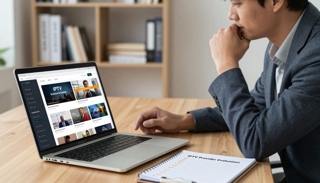 A professional and modern office setting, capturing the essence of legal IPTV access. In the foreground, a sleek laptop with a streaming interface displayed on the screen, highlighting various legitimate channels. Beside the laptop, a notepad with a checklist titled "IPTV Provider Evaluation" featuring checkmarks. In the middle ground, a business professional in smart casual attire, focused on the laptop, analyzing content, with a thoughtful expression. Soft, natural lighting illuminates the scene, creating a warm and inviting atmosphere. In the background, shelves filled with books on digital media laws and regulations, adding context and depth. The composition conveys a sense of professionalism and modern technology, inspiring a feeling of trust and security in streaming content.