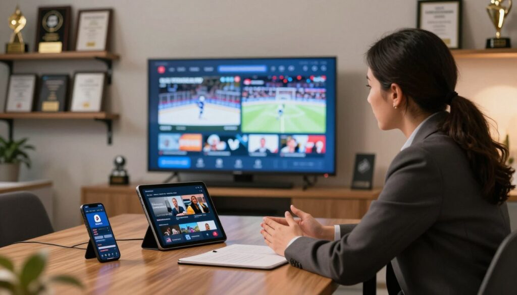 A professional and trustworthy IPTV provider office scene, featuring a well-dressed man and woman engaged in a discussion over IPTV service options. The foreground includes a sleek wooden desk with modern devices like a tablet and smartphone displaying streaming content, representing cutting-edge technology. In the middle ground, a large screen on the wall showcases various sports channels, emphasizing the focus on NHL content. The background consists of shelves filled with awards and certifications, reinforcing the provider's credibility. Soft, warm lighting creates a welcoming atmosphere, while a slight depth of field focuses on the discussion, giving the image a professional yet approachable feel.