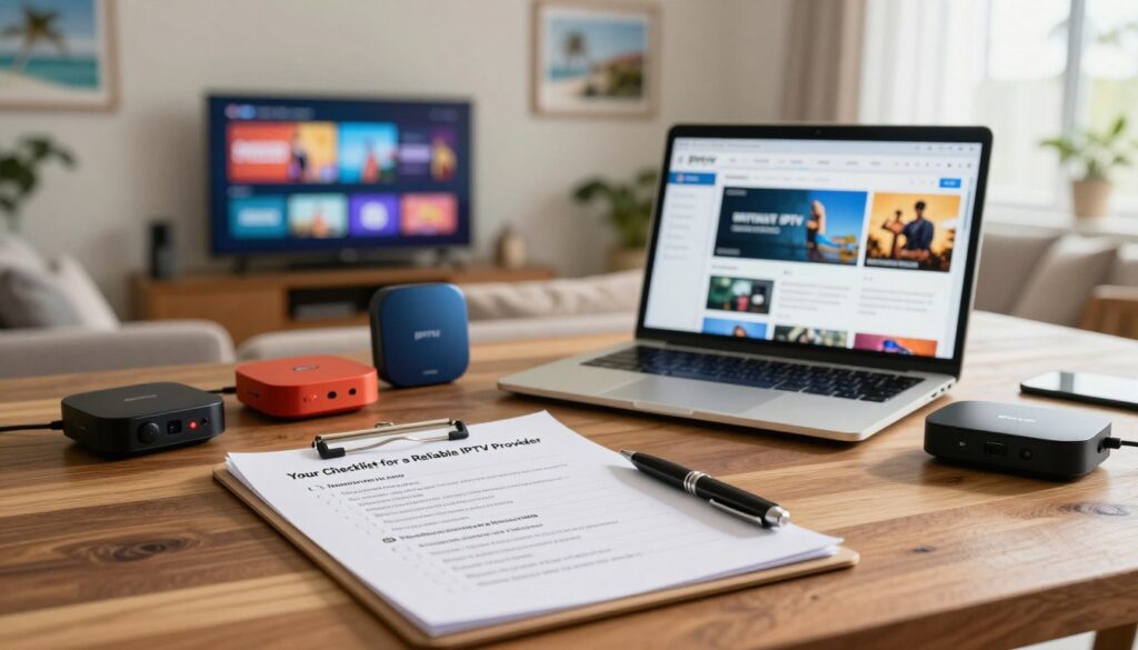 A professional-grade image showcasing a checklist for selecting a reliable IPTV provider in a Florida setting. In the foreground, a wooden table displays a printed checklist titled "Your Checklist for a Reliable IPTV Provider" with a clipboard, a pen, and some colorful, branded IPTV streaming devices. In the middle ground, a laptop screen shows a software interface related to IPTV, casting a soft glow. The background features a well-lit, modern living room with a flat-screen TV displaying various streaming options, framed images of Florida landscapes on the walls, and a comfortable sofa. Warm, natural lighting filters in through a window, creating an inviting atmosphere. The overall mood is focused and professional, perfect for readers seeking informative guidance.
