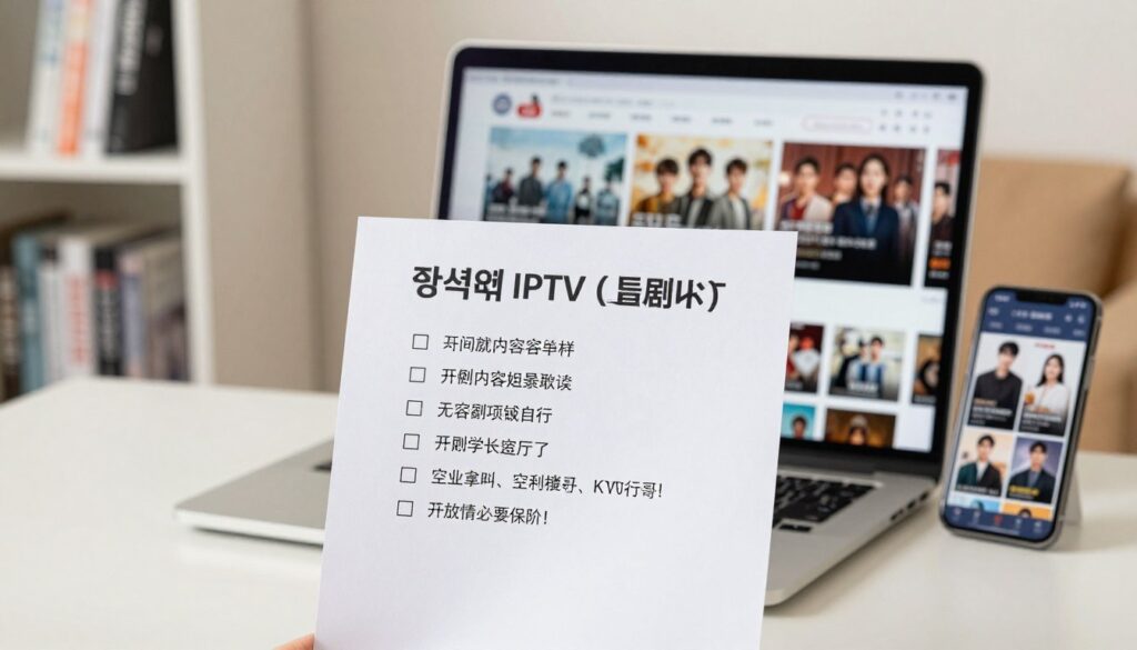 A professional-looking checklist for evaluating Korean drama IPTV subscriptions, set against a clean, modern workspace. In the foreground, the checklist is prominently displayed, with clear bullet points highlighting key factors such as content variety, pricing, streaming quality, and customer support. The middle ground features a stylish laptop open with the streaming service's interface visible, along with a smartphone displaying popular K-drama thumbnails. In the background, there are soft-focus elements like a bookshelf filled with K-drama DVDs and a cozy seating area with a blurred image of a cozy living room. The lighting is warm and inviting, suggesting a relaxed atmosphere for streaming dramas. The image captures a mood of excitement and anticipation for K-drama lovers.