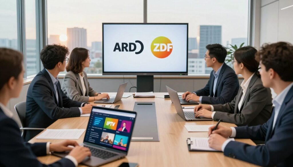 A professional office setting showcasing a modern conference room with a large table surrounded by diverse individuals in business attire. Some people are engaging in discussions while others are reviewing documents and digital devices displaying streaming content. In the foreground, a laptop is open, showing a vibrant interface of IPTV options. In the middle, a large screen displays the logos of ARD and ZDF along with graphical elements representing quality indicators such as stability, variety, and customer ratings. The background features a sleek window with a city skyline, letting in warm, natural light that creates an inviting atmosphere. The scene should convey a sense of collaboration and informed decision-making regarding IPTV services.