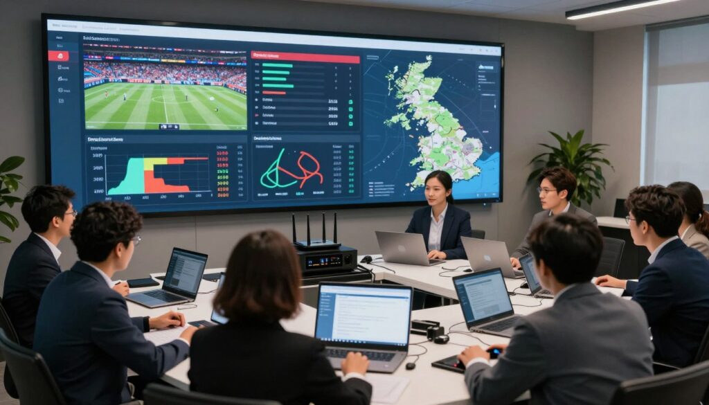 A professional setting focusing on the theme of reducing stream delay for sports in British Columbia. In the foreground, a diverse group of tech-savvy individuals in business attire are gathered around a large screen displaying streaming analytics and a map of British Columbia, emphasizing optimal network solutions. The middle layer includes modern equipment such as routers and laptops, with visible graphs indicating latency reduction techniques. The background features a digital interface showcasing streaming sports events, with vibrant colors that evoke excitement. Soft, ambient lighting creates a focused yet innovative atmosphere, and a wide-angle perspective captures the collaborative spirit of the team. The overall mood is one of efficiency and teamwork, showcasing a professional dedication to improving sports streaming experiences in Canada.