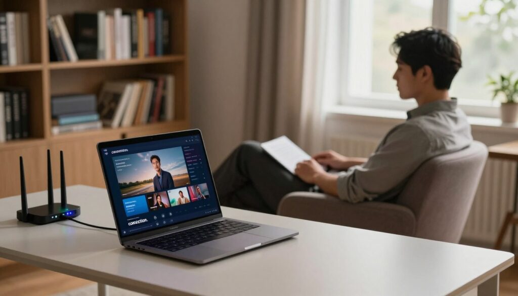 A serene home office setting emphasizing the concept of "connection." In the foreground, a sleek, modern desk features a high-tech laptop displaying streaming IPTV content, with a wireless router nearby showing strong signal lights. The middle ground displays a comfortable armchair with a relaxed individual in professional attire, deeply engaged in the IPTV experience, their face illuminated by the screen's glow. The background features a tasteful bookshelf filled with technology and entertainment-related books, while soft natural light filters through a window, creating an inviting atmosphere. The overall mood is one of tranquility and modern connectivity, showcasing the importance of internet speed for seamless viewing. The angle should be slightly elevated, focusing on the harmony between the user and technology.