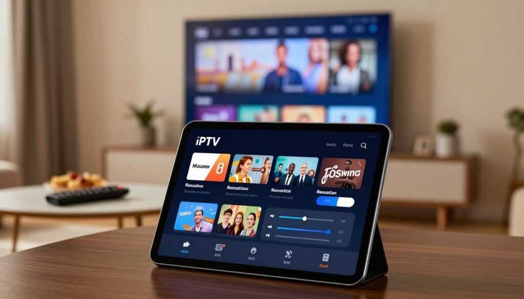 A sleek IPTV player interface displayed on a modern tablet in the foreground, featuring vibrant quality setting options like resolution sliders and toggle buttons. The middle layer includes a blurred background with a cozy living room setting, showcasing a large flat-screen TV turned towards the viewer. The lighting is soft and warm, highlighting the tablet's screen and creating a comfortable atmosphere. In the background, there's a stylish coffee table with remote controls and snacks, emphasizing a relaxed viewing experience. The focus is on the professional and user-friendly design of the IPTV player, reflecting clarity and easy navigation. The angle captures the tablet at a slight tilt, inviting the viewer to engage with the quality settings.