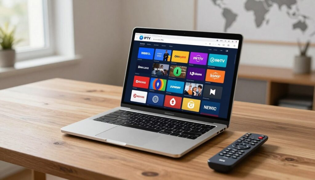 A sleek MacBook laptop sitting on a modern wooden desk, displaying the IPTV Smarters Pro interface on its screen, showcasing an array of colorful IPTV channels. In the foreground, a stylish remote control sits next to the laptop, hinting at user interaction. The background features a minimalistic home office setup with soft natural lighting pouring in through a nearby window, creating a warm and inviting atmosphere. An abstract world map is subtly framed on the wall, hinting at global connectivity. The overall mood is professional yet cozy, perfect for a tech-savvy audience interested in IPTV solutions. The image should be shot from a slightly elevated angle for an engaging perspective.