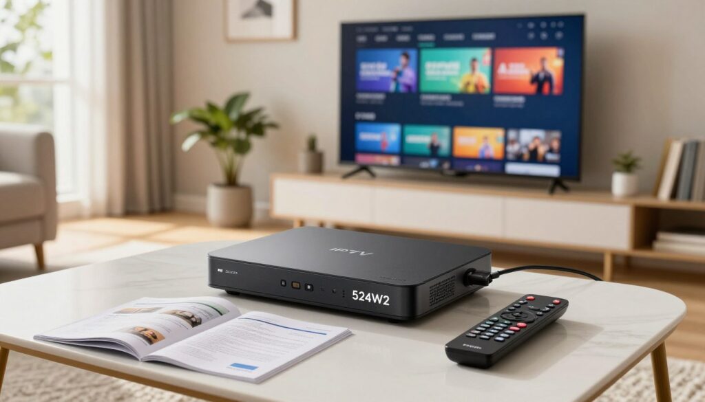 A sleek and modern IPTV MAG Box 524W2 setup displayed prominently on a stylish coffee table in a cozy living room. In the foreground, the IPTV box is plugged in, with a shiny remote control next to it, surrounded by an open user manual. The middle ground features a flat-screen television, showing an IPTV streaming interface, with vibrant colors on the screen. The background includes a warm window with sunlight streaming through, casting gentle shadows, and a few decorative items like plants and a small bookshelf, creating a welcoming atmosphere. The lighting is bright and natural, emphasizing a clean and organized space. The camera angle is slightly elevated, capturing an inviting view of the entire setup, conveying a sense of ease and anticipation for the first stream.