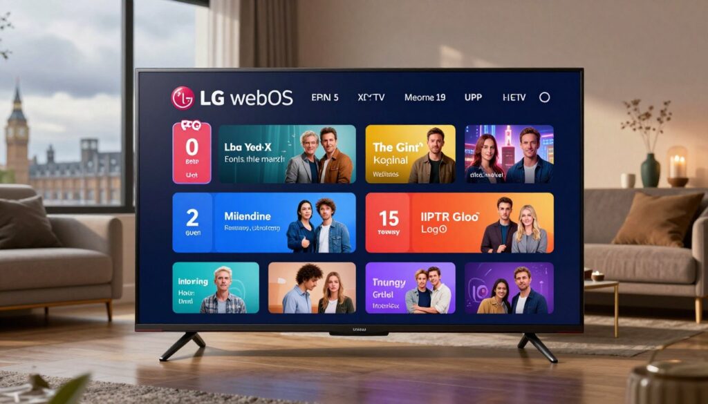 A sleek and modern LG webOS interface showcasing an EPG guide on a high-definition television screen. In the foreground, the TV displays colorful program tiles with detailed information, such as show descriptions, timings, and channel logos. The middle layer features a stylish living room setting, furnished with contemporary decor and soft, ambient lighting that creates a warm and inviting atmosphere. In the background, a window offers a glimpse of a cloudy British skyline, hinting at a cozy indoor experience. The image captures a sense of innovation and user-friendliness, focusing on the impressive features that enhance the IPTV experience. Use vivid colors to highlight the technology and ensure the lighting emphasizes the LCD screen’s clarity and detail.