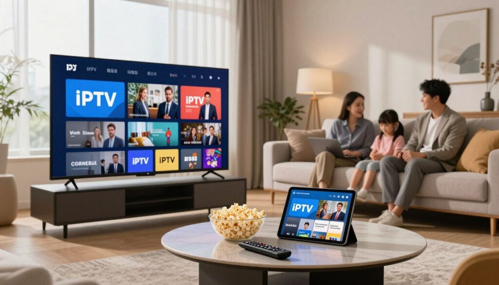 A sleek and modern living room featuring a high-definition television displaying vibrant streaming content, symbolizing the concept of premium IPTV services. In the foreground, a stylish coffee table with a remote control, a bowl of popcorn, and a tablet showcasing the best IPTV provider apps. The middle ground features a comfortable sofa with family members dressed in professional business attire, engaged and enjoying the content. The background reveals a softly lit room with elegant decor, including a large window letting in natural light, creating a warm and inviting atmosphere. The scene is captured with a wide-angle lens, highlighting the blend of technology and a cozy home environment, emphasizing innovation and quality in entertainment for 2025.