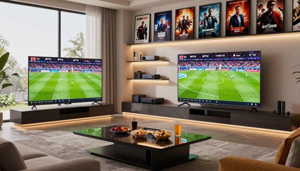 A sleek and modern living room featuring a high-end IPTV setup. In the foreground, a large flat-screen TV displays vibrant sports channels with live Bundesliga action in ultra HD quality. The middle layer includes a stylish coffee table adorned with snacks and drinks, reflecting a casual and inviting atmosphere for friends gathering to watch the game. The background showcases elegant shelves with various streaming devices and an array of movie posters, emphasizing a rich selection of content. Soft, ambient lighting creates a cozy mood, while large windows allow natural light to fill the room, enhancing the upscale feel. The scene captures the essence of premium IPTV services and the thrill of sports and entertainment.