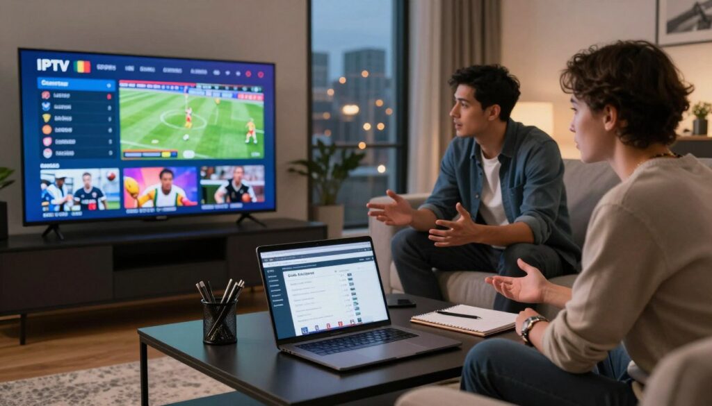 A sleek and modern living room setting designed for sports enthusiasts, featuring a large, vibrant flat-screen TV displaying various live IPTV sports betting channels. In the foreground, a coffee table with a laptop open to an odds analysis website, surrounded by sports betting paraphernalia like notepads and pens. The middle ground includes a comfortable sofa where two individuals, dressed in smart casual attire, are engaged in discussion, looking intently at the screen. The background shows a large window with a cityscape view, illuminated by the soft glow of evening lights. The mood is focused and energetic, emphasizing the thrill of live sports analysis and betting. Soft, warm lighting enhances the inviting atmosphere, captured from a slightly elevated angle to encompass all elements visually.