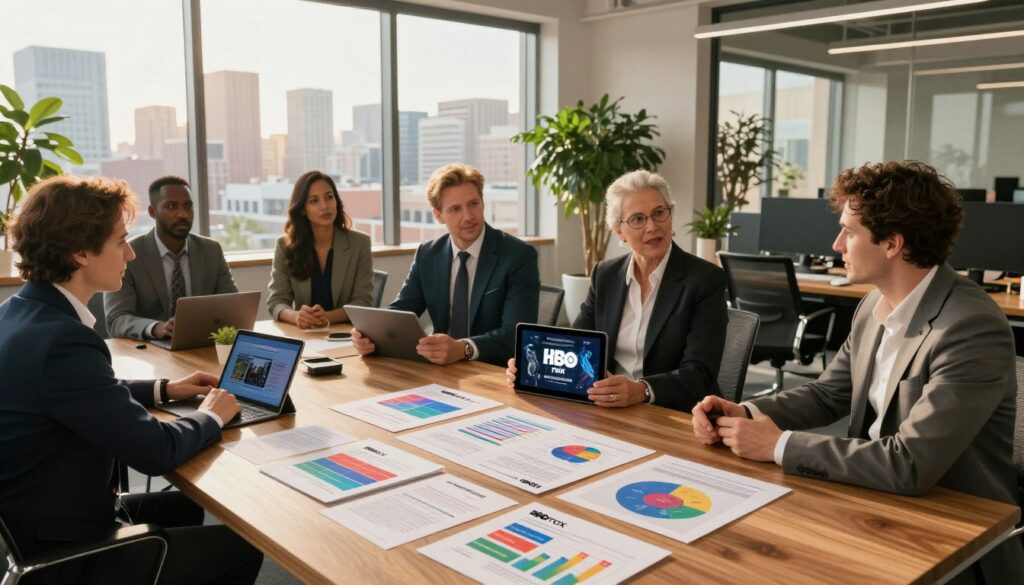 A sleek and modern office environment, with a large wooden table in the foreground adorned with colorful charts and documents showcasing HBO Max's strategic plans. In the middle ground, a diverse team of professionals in business attire discusses the future of HBO Max content, including Game of Thrones, with digital tablets in hand. The background features a large window with a city skyline view, bathed in warm, golden afternoon light that creates a hopeful and ambitious atmosphere. The room is stylishly decorated with greenery and tech gadgets, adding a contemporary touch. The angle is slightly elevated, capturing both the team’s engagement and the sophisticated ambiance of the office. The overall mood is focused and innovative, reflecting the importance of planning in the evolving media landscape.