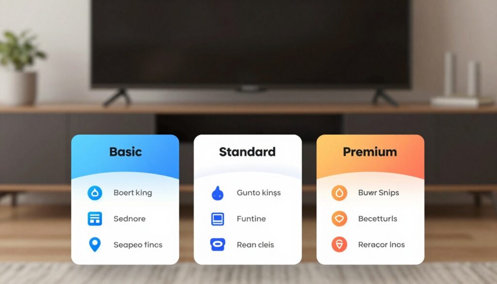 A sleek and modern pricing plans layout, featuring three distinct tiers of IPTV services. In the foreground, three stylish cards are displayed, each labeled with different pricing options: Basic, Standard, and Premium. The cards should have clean lines and vibrant colors, showcasing icons and features that represent each plan. In the middle ground, a blurred outline of a contemporary home entertainment system with a large flat-screen TV, hinting at IPTV usage. The background should be softly lit, with a warm and inviting ambiance that conveys a sense of reliability. Use a shallow depth of field to focus on the pricing cards, capturing them from a slightly elevated angle to emphasize their significance, while maintaining a professional and informative atmosphere.